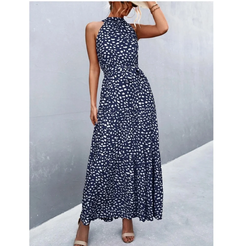 Spotted Print Maxi Dress Tie Belt High Neck - Picture 5 of 15
